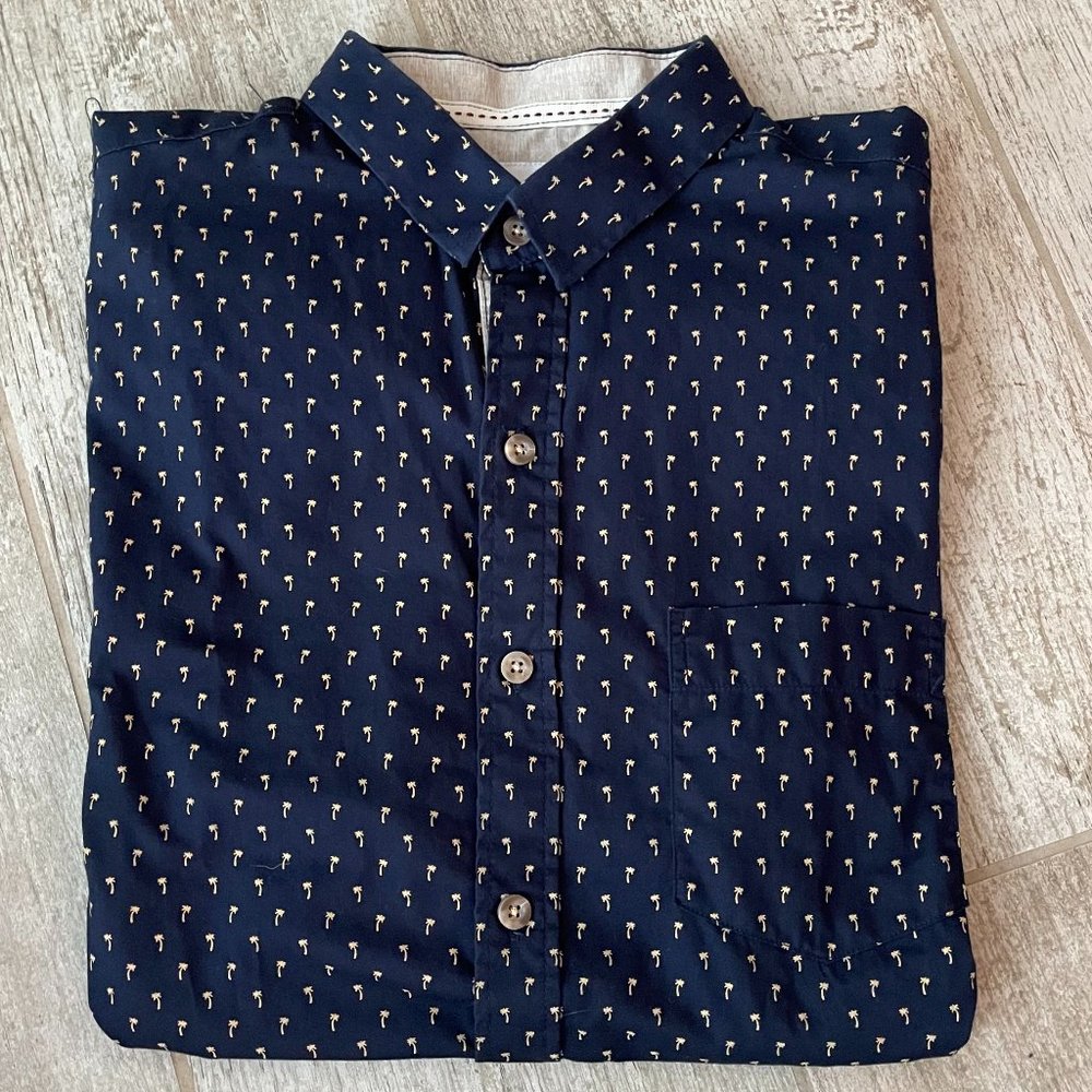 Blue/Gold Palm Tree Collared Button Down Short Sleeve Shirt - Size S